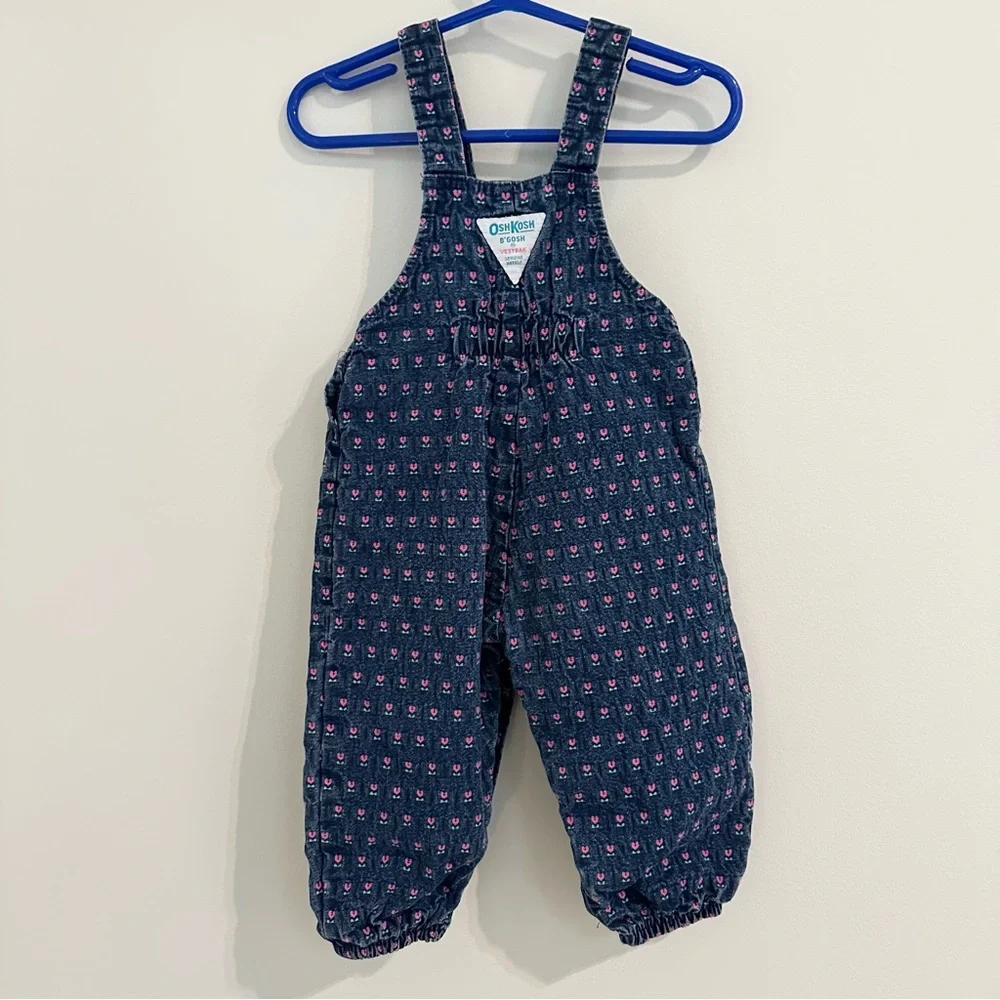 Vintage OshKosh B'gosh Blue Denim Overalls Heart Tulip Pattern size 18 months